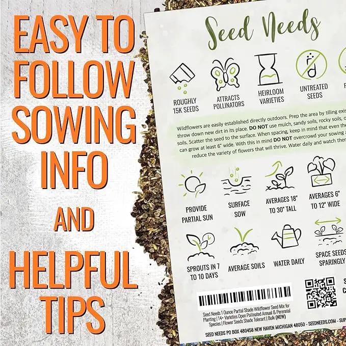 Seed Needs Partial Shade Wildflower Seed Mix for Planting | 5 Packs (1 Ounce Each) 14+ Varieties Open Pollinated Annual & Perennial Species | Flower Seeds Shade Tolerant | Bulk by GreenHaven Gardens