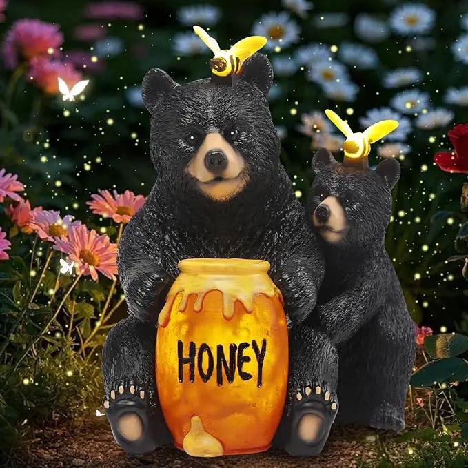 Solar Garden Decor Statues 7" Resin Mother&Cub Bear Figurines with Honey Jar Waterproof Black Bear Decor for Outside Yard Patio Porch Decoration Gift for Mom Grandma by GreenHaven Gardens