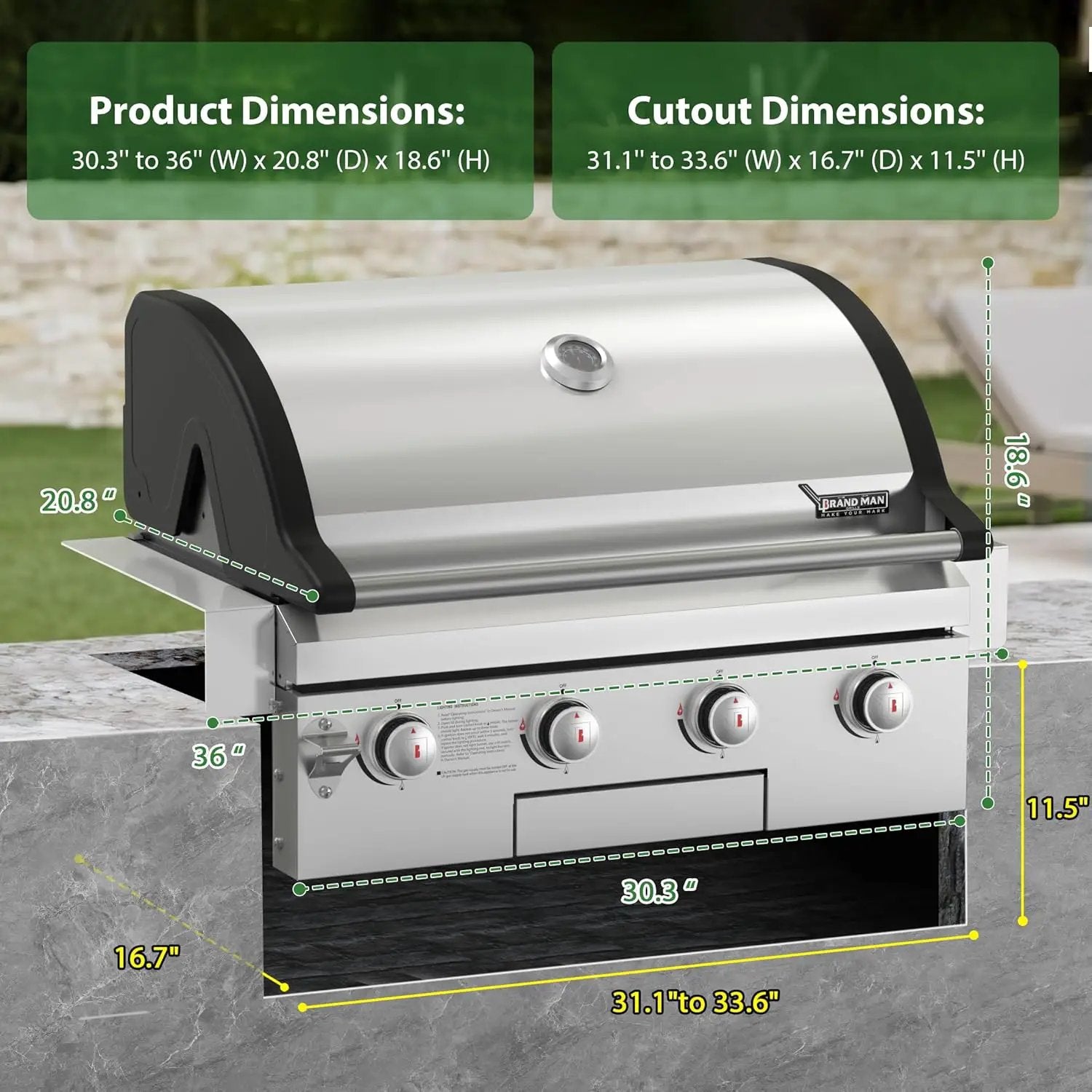 Brand-Man Gas Grill Built-In Head, 30-Inch 4-Burner Propane Grill, Natural Gas Convertible, Heavy Duty 304 Stainless Steel 40,000BTUs BBQ Island Outdoor Kitchen by GreenHaven Gardens