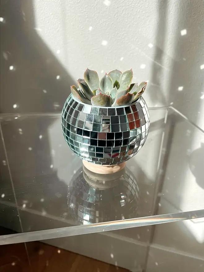 Hanging Disco Ball Planter 8" - with Acrylic Stand and Macrame Plant Hanger - Home Décor, Room Décor, Patio or Boho Décor, Mirror Disco Planter, Disco Decor (4" Mini with Base) by GreenHaven Gardens