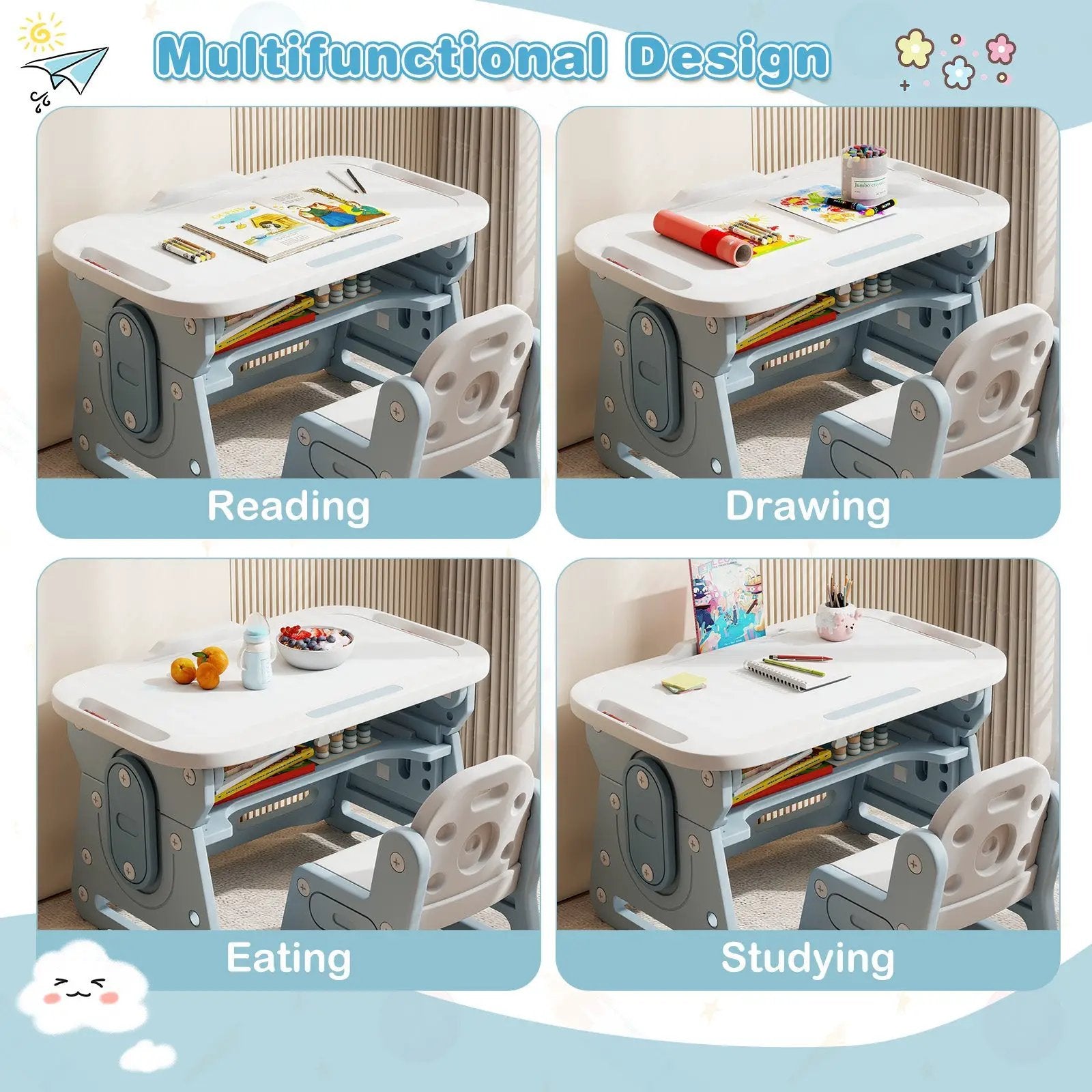 Height Adjustable Kids Table and Chair Set with Tiltable Whiteboard and Concave Shelf by DirectDeals