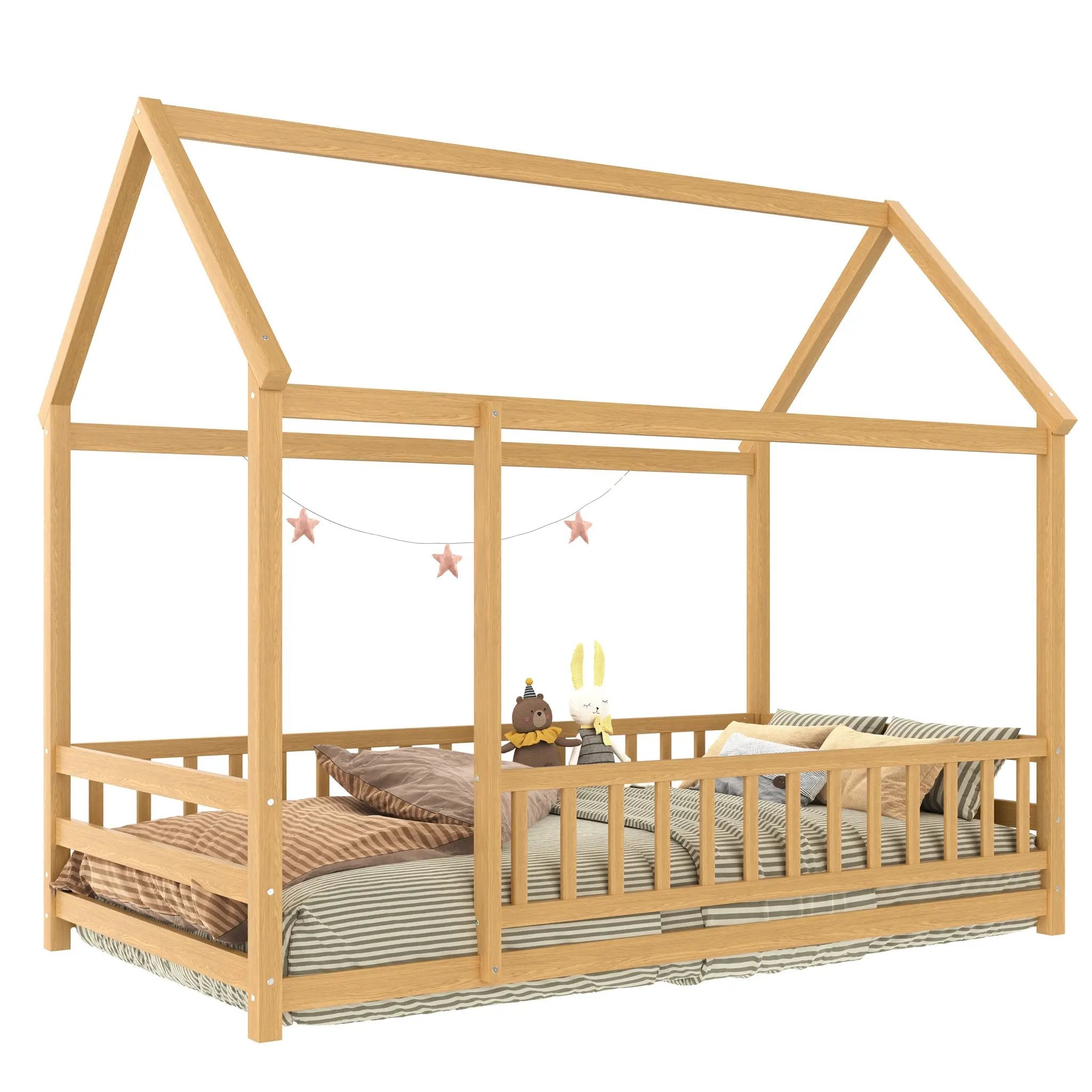 Twin Size Floor Wooden Bed with House Roof Frame, Fence Guardrails by HouseOfZazla