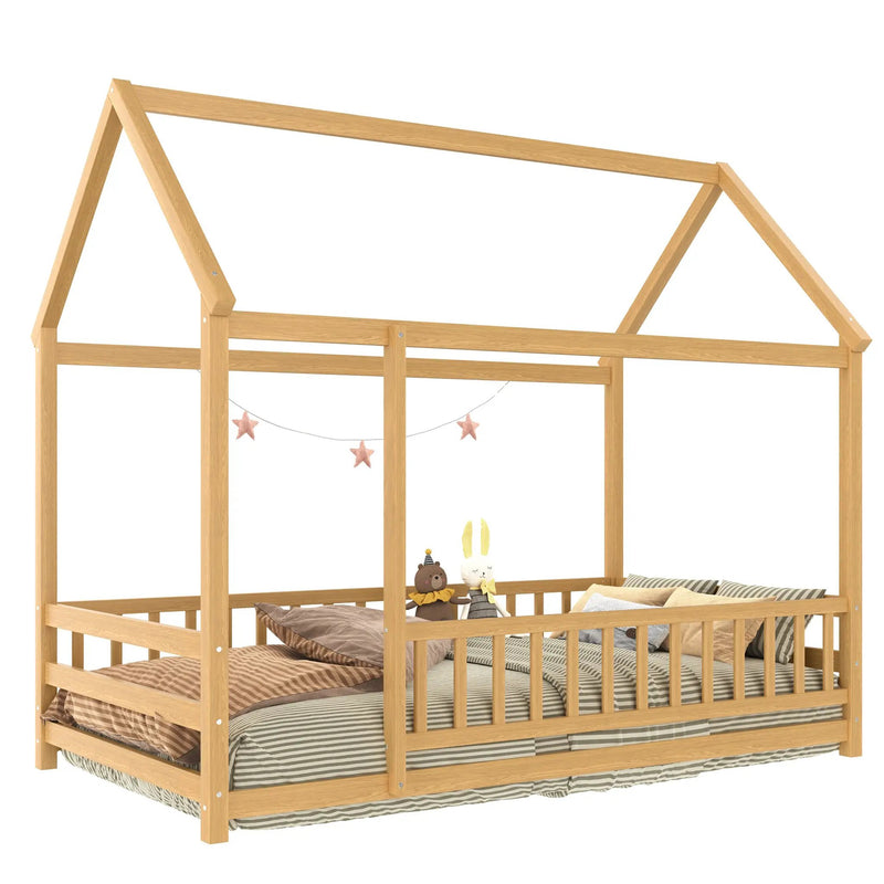Twin Size Floor Wooden Bed with House Roof Frame, Fence Guardrails by HouseOfZazla