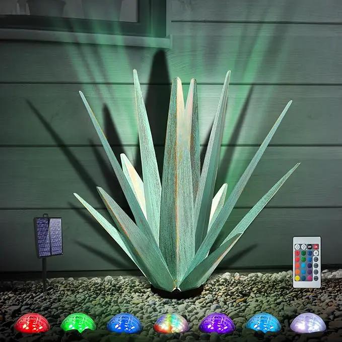 Large Tequila Rustic Sculpture, Rustic Metal Agave Plants for Outdoor Patio Yard, Home Decor Hand Painted Metal Agave Garden Yard Statue, Outdoor Lawn Ornaments (Mint Green - L (W/ Solar Light)) by GreenHaven Gardens