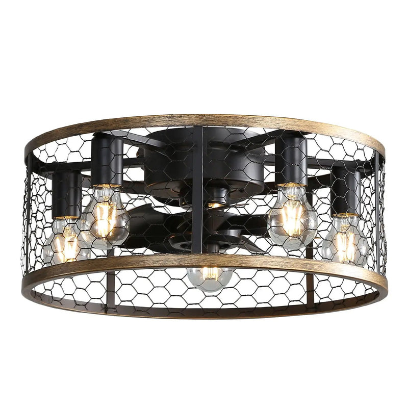 20" Industrial Caged Ceiling Fan, With 7 - ABS Blades Remote Control Reversible DC Motor, Small Flush Mount Ceiling Fan For Farmhouse - Black by Unique Piece Furniture