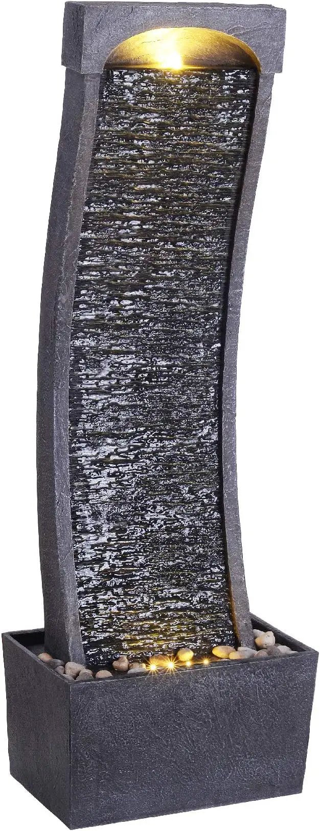 Teamson Home 38.58 in. Modern Curved Faux Slate Waterfall Fountain for Indoors or Outdoors with LED Light Accents and 1.98-Gallon Pump, Black and Stone Gray by GreenHaven Gardens