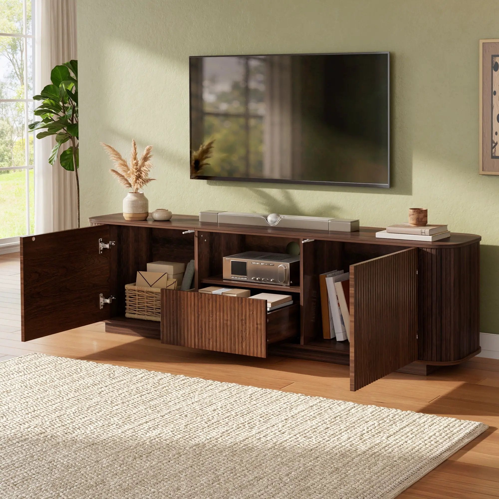 70" TV Stand With Ample Storage, Curved Corners - Dark Brown by Unique Piece Furniture