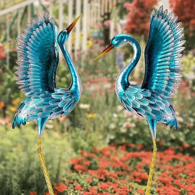 Natelf Garden Crane Statues for Outdoor, Blue Heron Decoy Courtyard Sculptures, Standing Metal Bird Yard Art for Patio Pond Backyard Decor(Set of 2) by GreenHaven Gardens