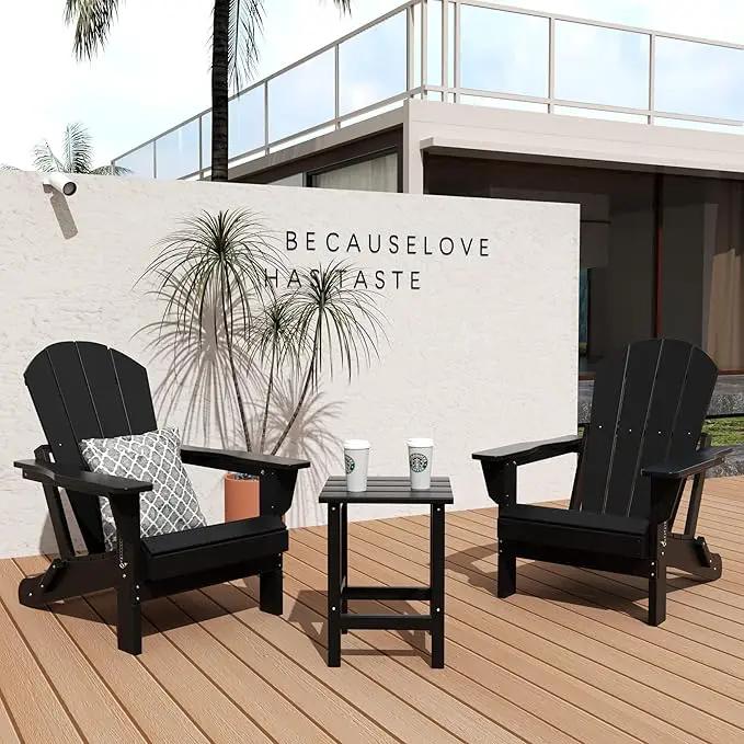 WO Home Furniture Adirondack Chair Table Set of 2 PCS Outdoor Folding Chair w Side Table Weather/UV Resistant for Lawn, Garden, Bon Fire, Balcony (Black) by GreenHaven Gardens