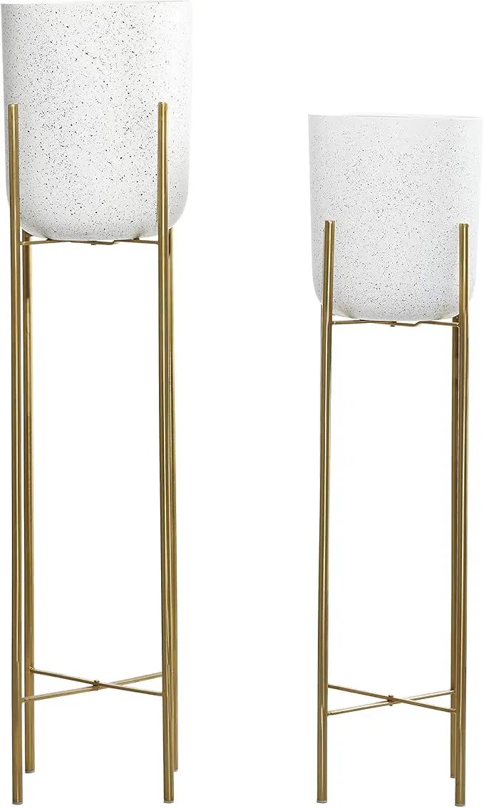 Deco 79 Metal Indoor Outdoor Planter Deep Recessed Dome Speckled Large Planter Pot with Removable Stand, Set of 2 Planters 39", 46"H, White by GreenHaven Gardens