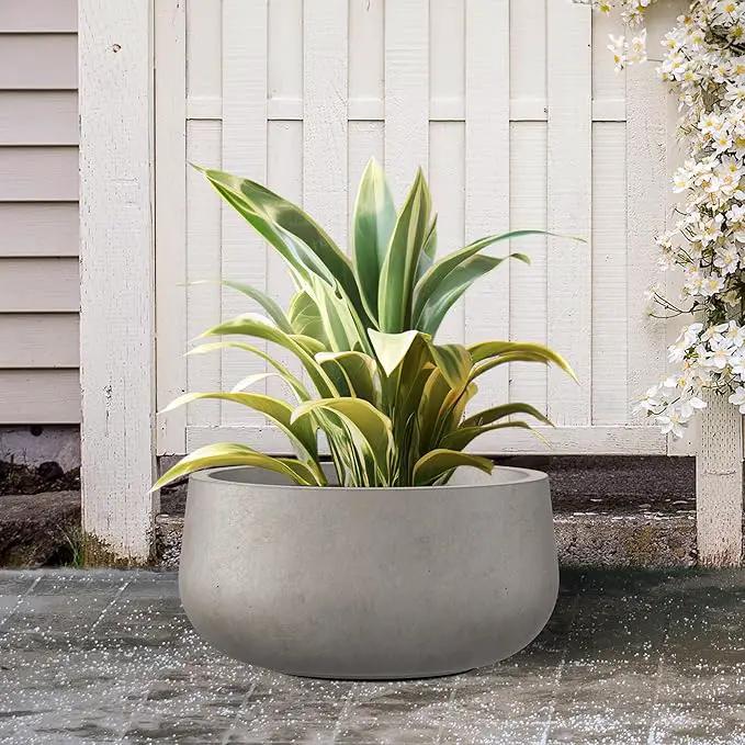 Kante 15.7" Dia Round Concrete Planter, Outdoor Indoor Garden Plant Pots with Drainage Hole and Rubber Plug, Modern Curvaceous Design, Weathered Concrete by GreenHaven Gardens
