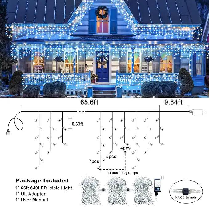 Christmas Icicle Lights Outdoor, 66Ft 640 LED Icicle Lights for Outside with 8 Modes Timers, Waterproof Plug in Twinkle String Light for Yard Eave Patio Party Holiday Decorations, Blue White by GreenHaven Gardens