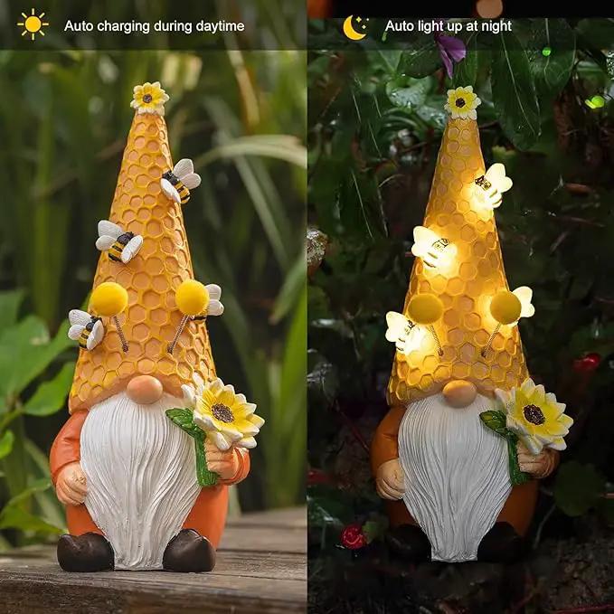 pearlstar Garden Gnome Statues Bee Solar Light 10.2" Tall Large Resin Figurine Outdoor Funny Home Yard Patio Decoration Fall Thanksgiving by GreenHaven Gardens