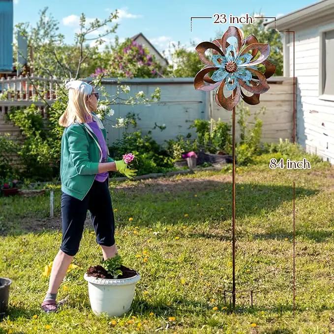 Garden Wind Spinner,Flower Wind Spinner,Outdoor Metal Wind Sculpture & Spinner Large 23 inch Dia 84 inch Height Kinetic Windmill for Garden Yard by GreenHaven Gardens