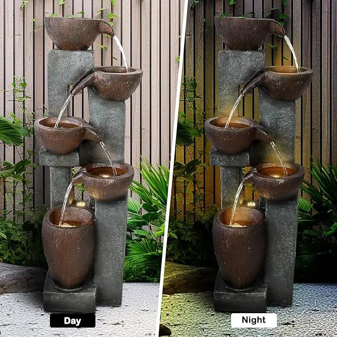 Naturefalls 39” H Modern Outdoor Fountain - 5 Crocks Outdoor Garden Fountains with Contemporary Design&LED Light for Garden, Patio, Deck, Porch, Backyard and Home Art Decor by GreenHaven Gardens