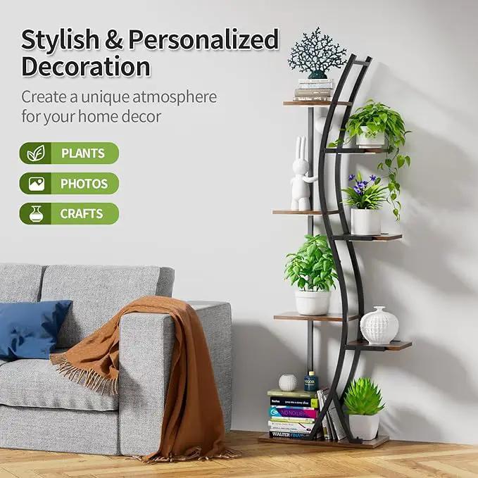62" Tall Plant Stand with Grow Light Indoor, 7 Tiered Metal Plant Shelf Bookshelf, Curved Corner Flower Stand Display Storage Rack Holder for Living Room, Balcony Decor by GreenHaven Gardens
