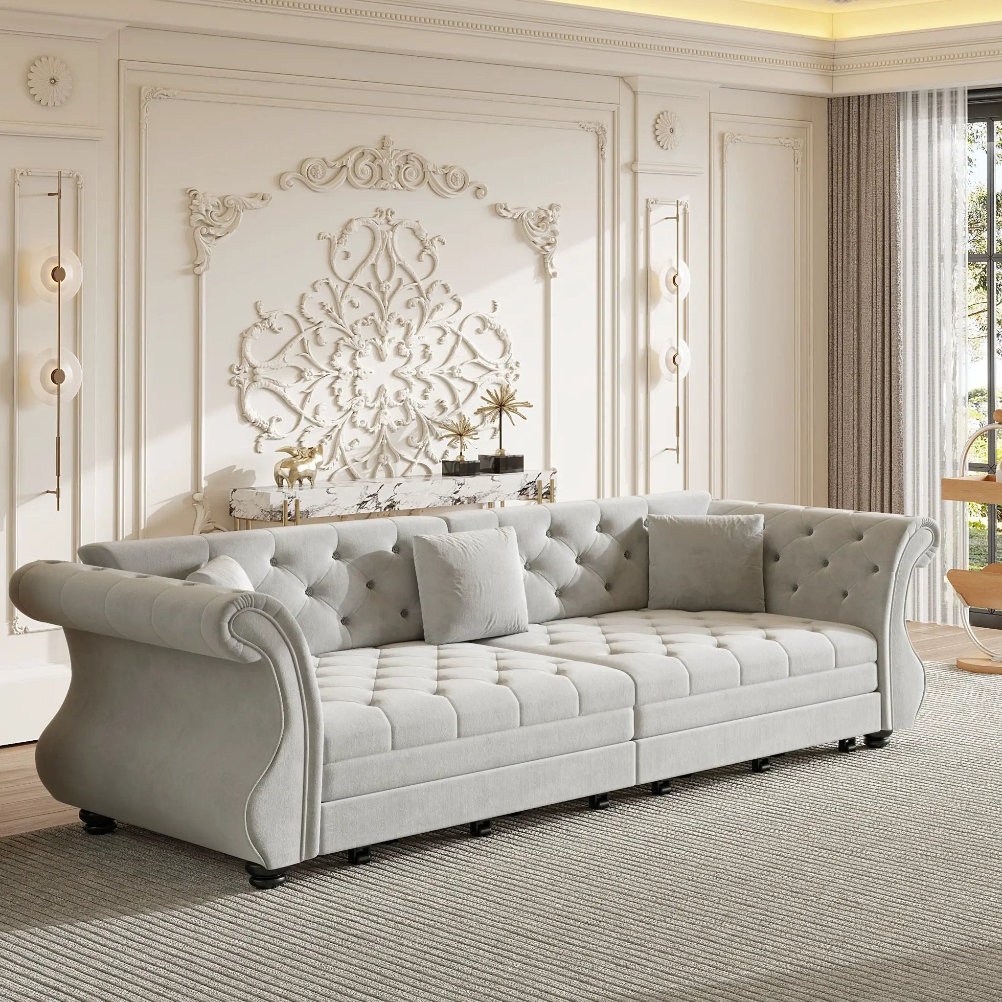 Oversized Chesterfield Pull Out Sofa Bed, Roll Arm Couch With Flower Tufting For Living Room