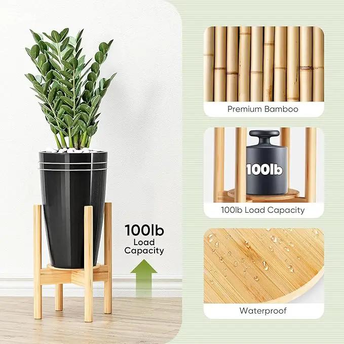 Adjustable Plant Stand, Bamboo Plant Stand Indoor with Tray, Wood Plant Stand for 8 to 12 inches Flower Pots, Single Mid Century Modern Plant Stand for Indoor Plants, Natural by GreenHaven Gardens