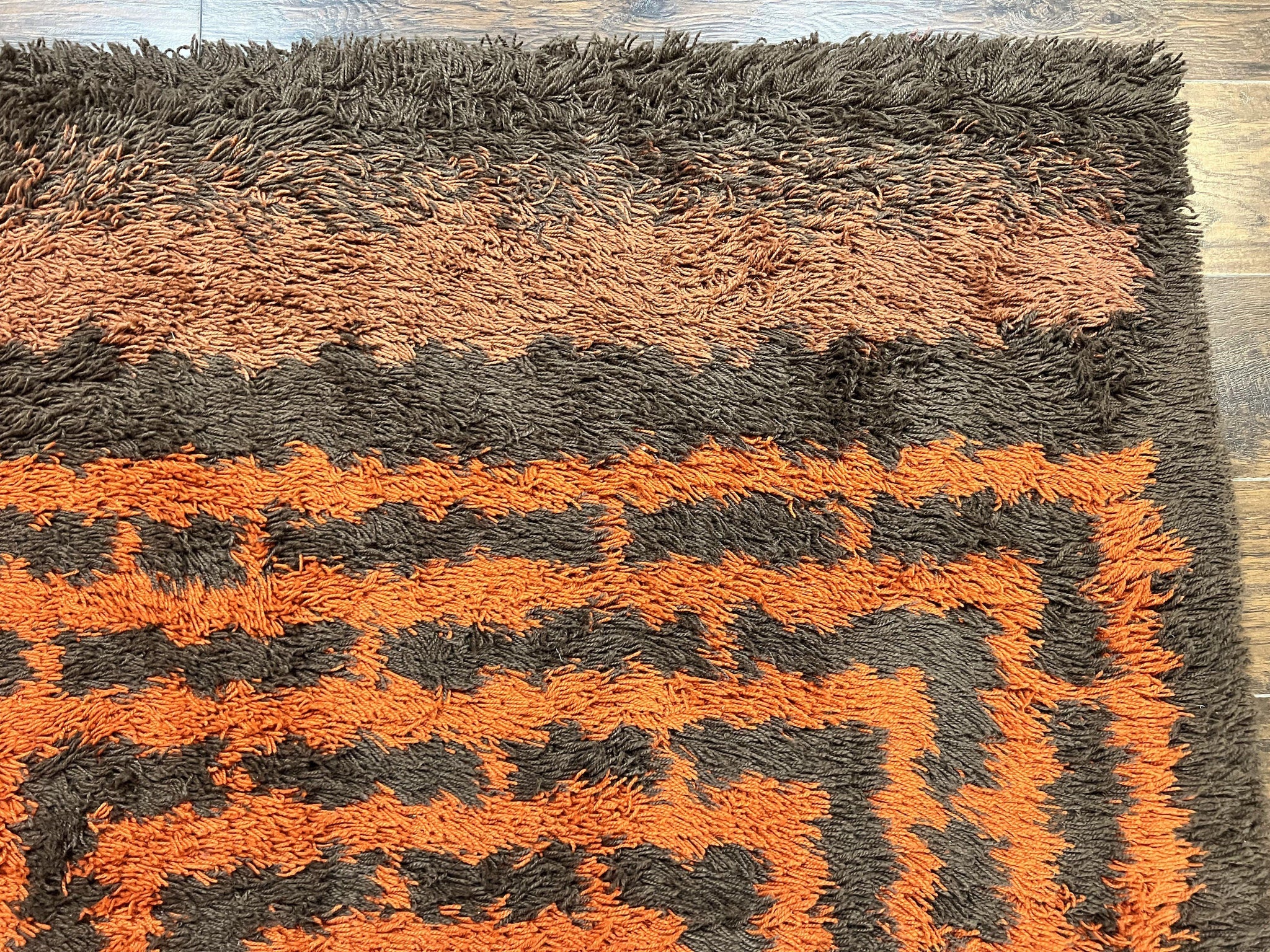 Vintage Rya Shag Rug 4.6 x 6.6, Abstract Design, Brown and Orange, Mid Century Danish Rya Carpet by Jewel Rugs