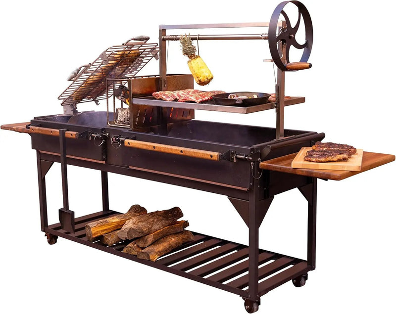 Backyard Discovery Argentine Santa Maria XL Wood Fire & Charcoal Steel BBQ Grill with Asado Clamp, Adjustable Grill Grates, Brasero, Fire Bricks, S-Hooks, Acacia Wood Table for Outdoor Gaucho Grilling by GreenHaven Gardens