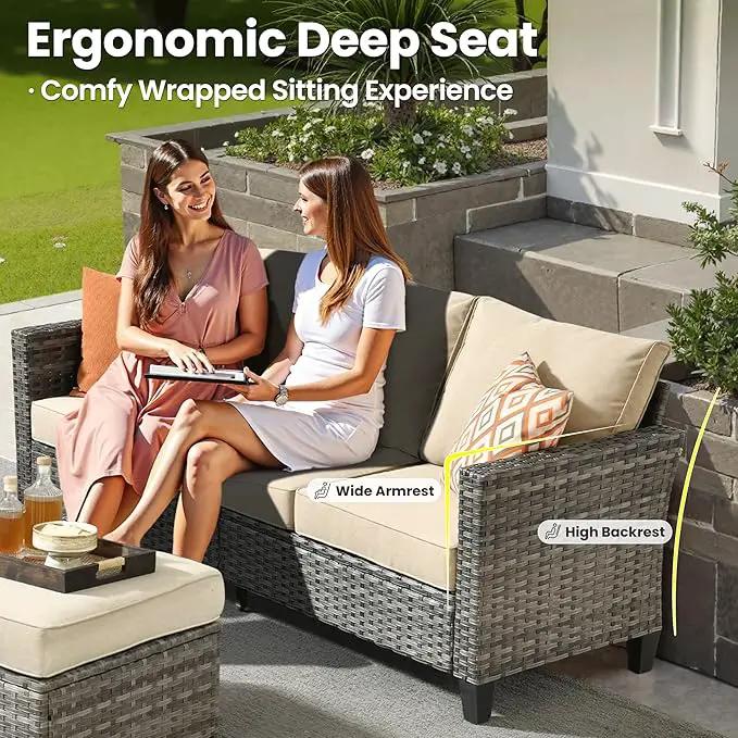 ovios 6 Pieces Patio Furniture Set with 42" Fire Pit Table, Outdoor Wicker Sofa with Comfy Cushions, All Weather High Back Rattan Couch Conversation Set, Beige by GreenHaven Gardens