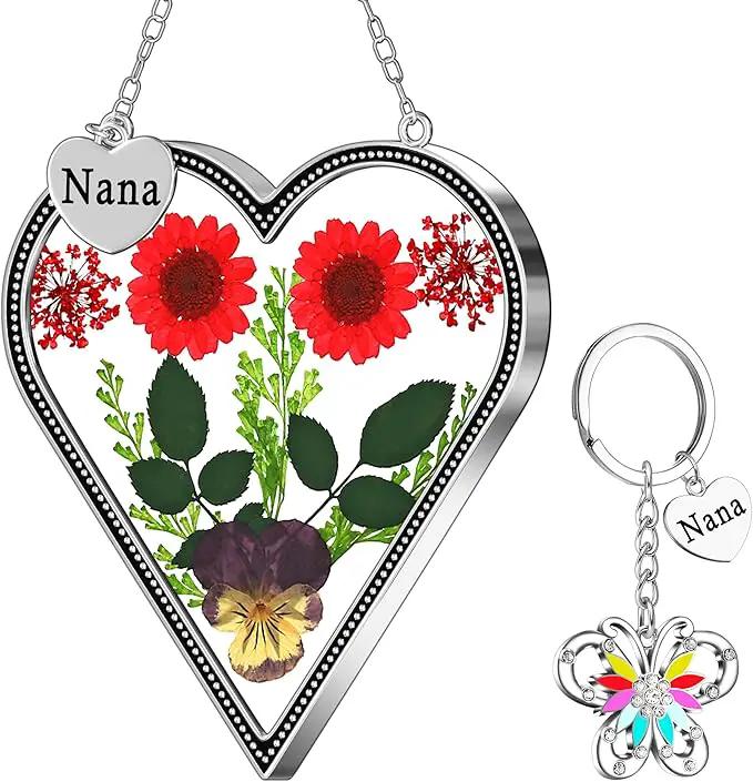KY&BOSAM Heart Suncatcher Nana Gift for Nana Stain Glass Wind Chime for Window Pressed Flower Between Heart Glass Metal Engraved Charm Gift for Mother's Day Valentine's Birthday Thanksgiving Christmas by GreenHaven Gardens