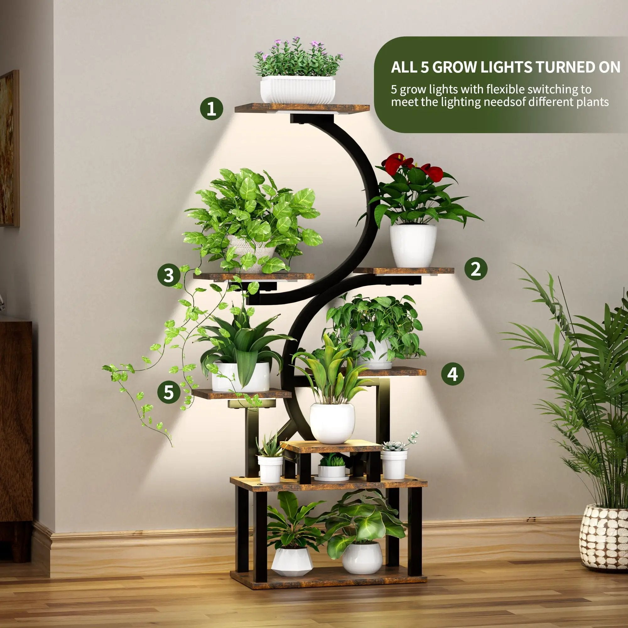 8 Tier Indoor Plant Stand With 5 Grow Lights For Living Room - Rustic Brown by HouseOfZazla