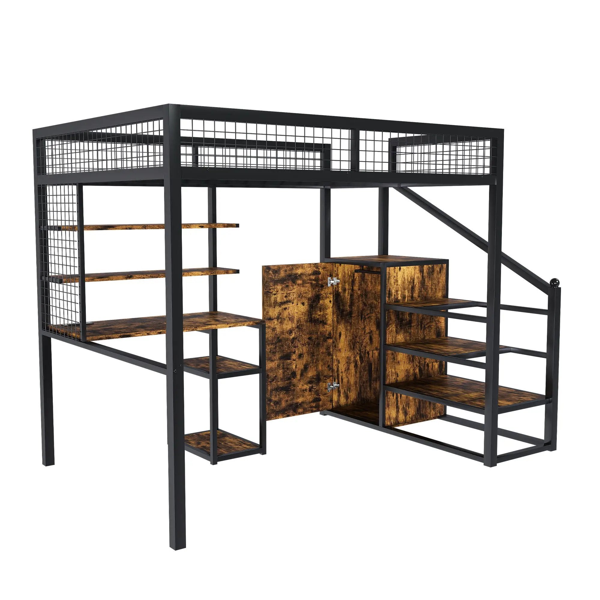 Full Size Loft Bed With Desk & Wardrobe Heavy Frame, Built In Staircase, Storage Rack & Shelves Gaming Bed - Black by HouseOfZazla