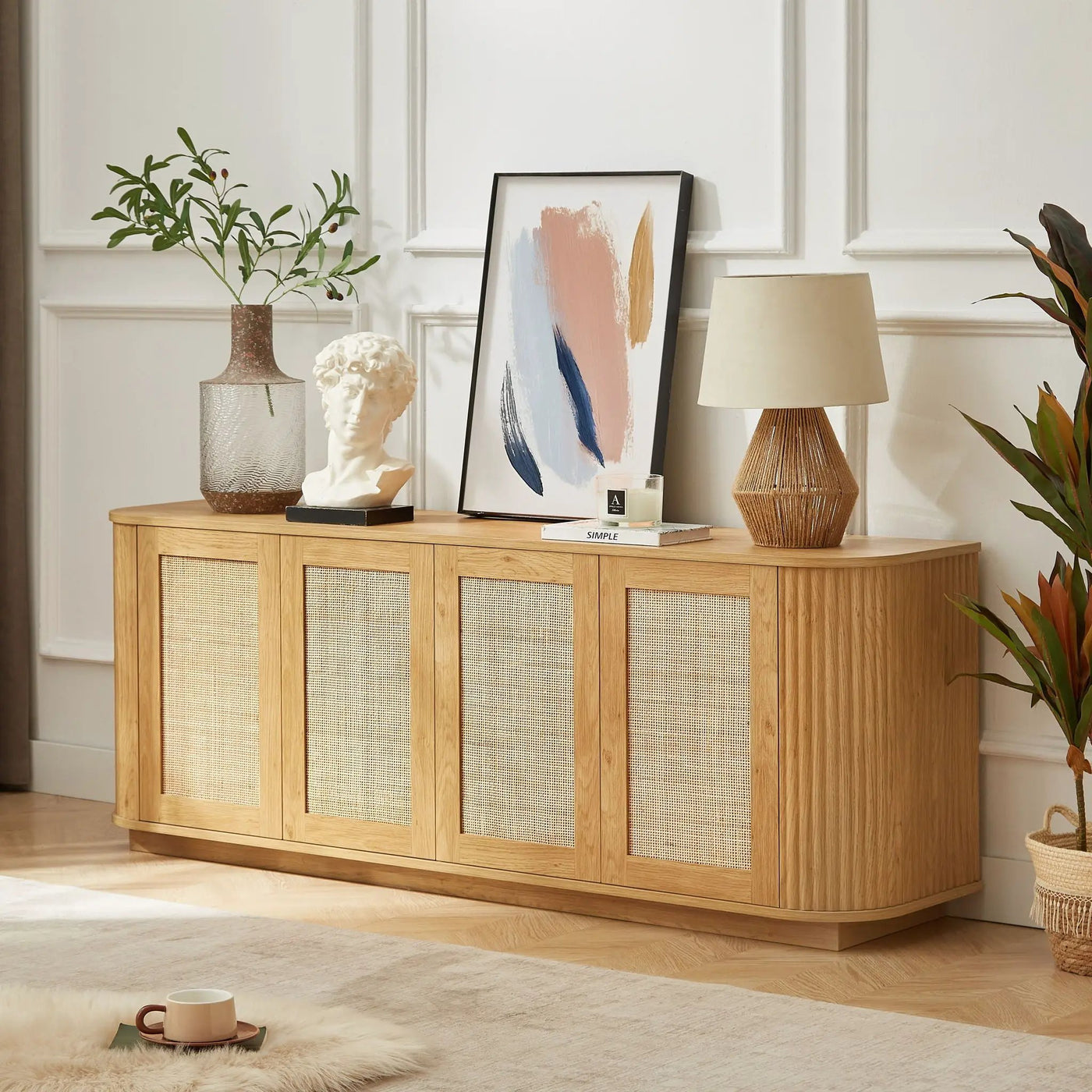 Contemporary Wave Shaped TV Stand With Rattan Doors by Unique Piece Furniture