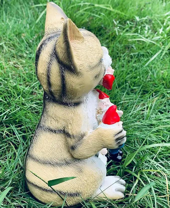 Garden Cat Eating Gnomes Statues Funny Gnome Decor for Outdoor Patio Lawn Yard Decor (cat Eating) by GreenHaven Gardens