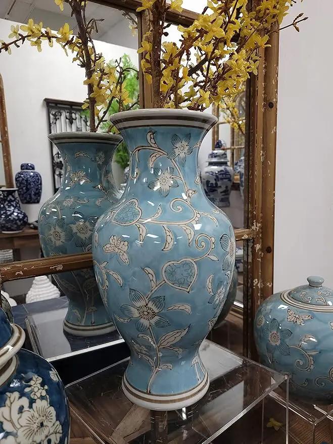 Galt International Light Blue and White Flower & Heart Chinoiserie Ceramic Vase 14"- Hand Painted Antique Style Porcelain Flower Bottle Fishtail Porcelain Chinese Vase for Home Decor Centerpiece by GreenHaven Gardens