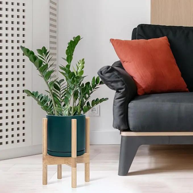 D'vine Dev Ceramic Planter with Natural Stand - 8 Inch Modern Round Flower Pot with Wood Planter Holder, Teal, 55-B-N-4 by GreenHaven Gardens