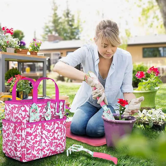 Gardening Tools, 8 Pcs Heavy Duty Floral Garden Tool Set Birthday Gifts for Women WANCHI Rose Red Gardening Kit (Garden Tool Bag Kneeling Pad Weeder Fork Hand Rake Pruning Shears Trowel Transplanter) by GreenHaven Gardens