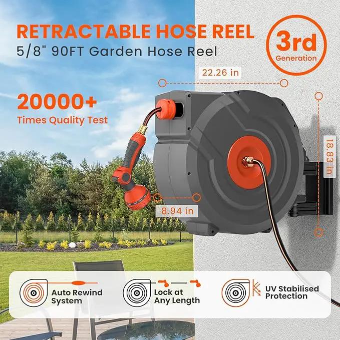 Upgraded Retractable Garden Hose 5/8 in x 90 ft Heavy Duty Wall-Mounted Hose Reel 180°Swivel Automatic Slow Return Any Length Lock 9 Pattern Nozzle UV Resistant (Black) by GreenHaven Gardens