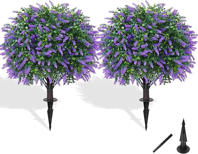 Artificial Boxwood Topiary Ball with Lavender, Set of 2 Artificial Shrub Bushes with Ground Spike, Fake Evergreen Tree for Porch, Artificial Plants for Outdoor Planters Indoor UV Resistant by GreenHaven Gardens