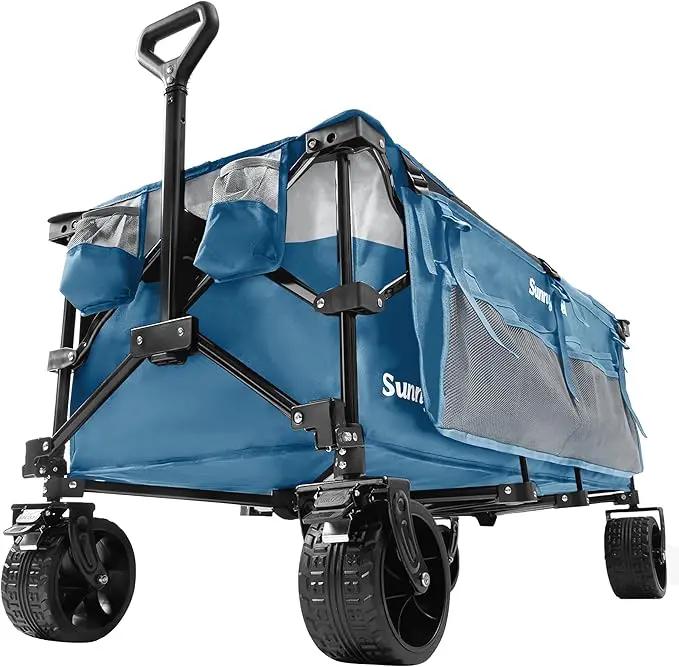 SUNNYFEEL 49''L 550lbs Heavy Duty Wagon Cart Foldable with Wheels,Extra Long Fold Up Wagons Carts with Side Pocket and Brakes for Camping Sports Garden Shopping (Blue) by GreenHaven Gardens