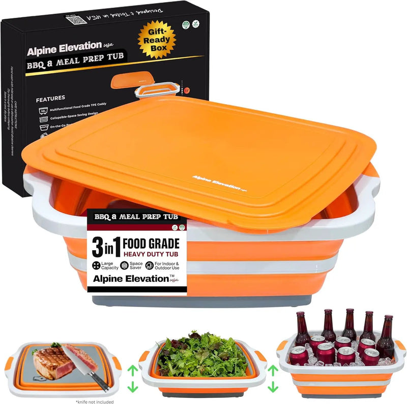 Collapsible X-Large (16L) BBQ Marinating Tub w/Cutting Board | Multipurpose Food-Grade TPE Prep Tub w/Lid | Built-in Colander & Drain Plug - for Camping | Tailgate | Picnic - Bold Orange by GreenHaven Gardens
