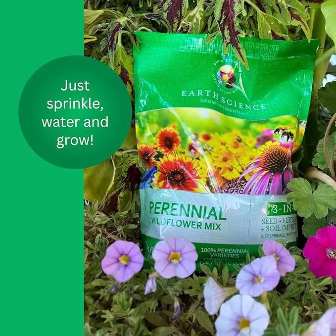 Earth Science Perennial Wildflower Mix - 3-in-1 Formula with Premium Wildflower Seeds—6 lb— Plant Food and Soil Conditioners - Non-GMO, Natural Ingredients by GreenHaven Gardens