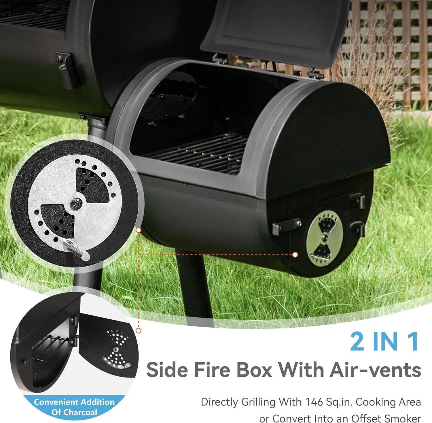 GREEN PARTY Offset Smoker Charcoal Grills with 28 Inch Cook Chamber, Barrel Smoker and Charcoal Grill Combo, 512 Sq. In. Space Barrel Smoker Grill for Outdoor BBQ Patio Backyard Cooking by GreenHaven Gardens
