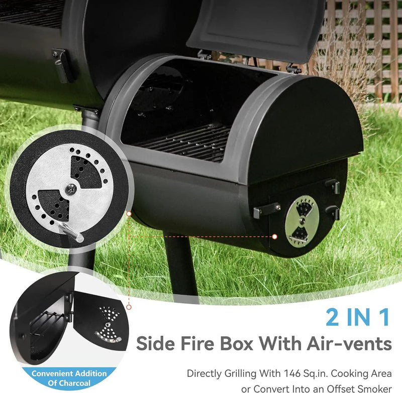 GREEN PARTY Offset Smoker Charcoal Grills with 28 Inch Cook Chamber, Barrel Smoker and Charcoal Grill Combo, 512 Sq. In. Space Barrel Smoker Grill for Outdoor BBQ Patio Backyard Cooking by GreenHaven Gardens
