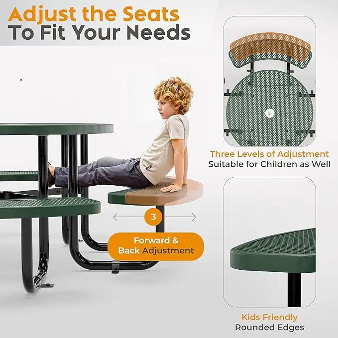 Metal Picnic Tables for Outdoors with Umbrella Hole - Coated Steel Heavy Duty Commercial Grade Table with Adjustable Seats (Green, 46 in, Round, Expanded Steel) by GreenHaven Gardens