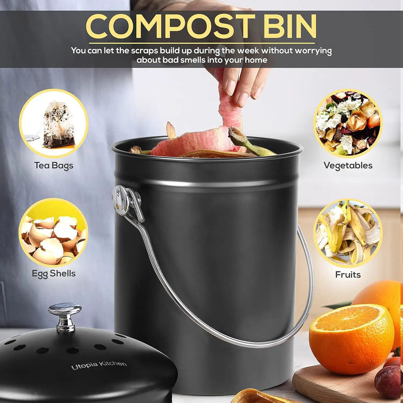 Utopia Kitchen Compost Bin for Kitchen Countertop, 1.3 Gallon Compost Bucket for Kitchen with Lid, Includes 1 Spare Charcoal Filter (Black) by GreenHaven Gardens