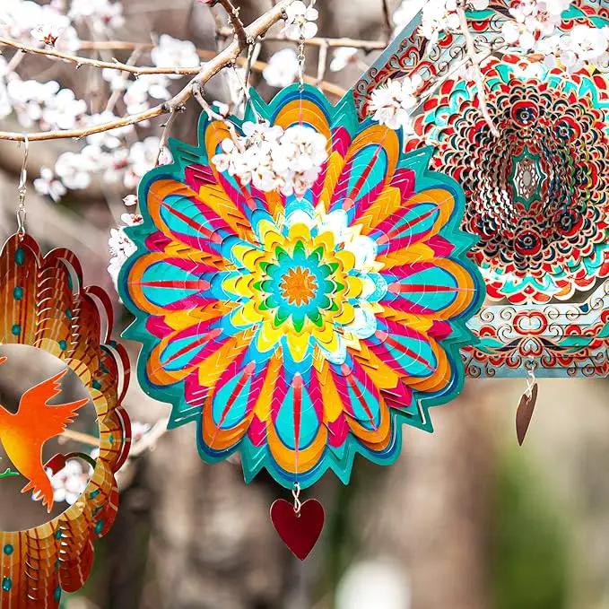 SteadyDoggie Wind Spinner Mandala Flame 12 inches - 3D Stainless Steel - Laser Cut Metal Art Geometric Pattern - Yard Spinners Outdoor - Hanging Wind Spinner, Kinetic Yard Art Decorations by GreenHaven Gardens