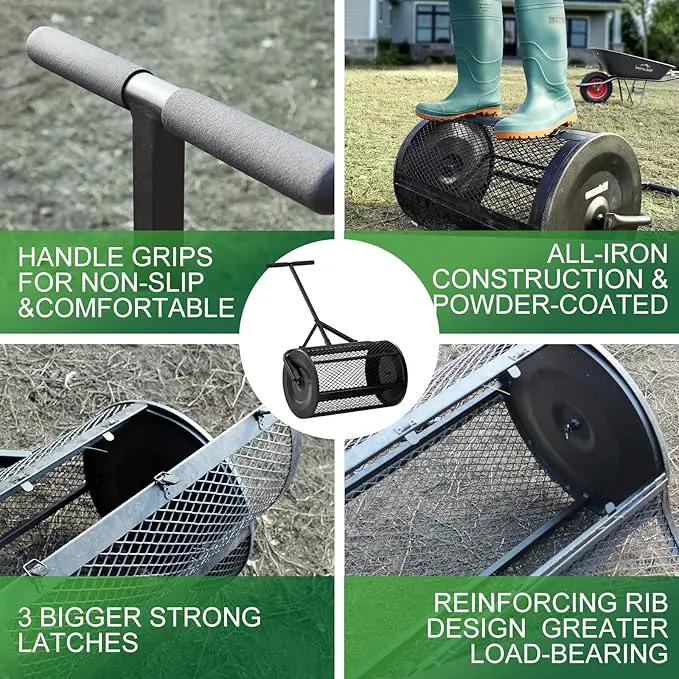 Walensee 24 Inch Compost Spreader Peat Moss Spreader with Upgrade T Shaped Handle for Planting Seeding Durable Lightweight Metal Mesh Spreader for Lawn and Garden Care Manure Spreaders Roller Patented by GreenHaven Gardens