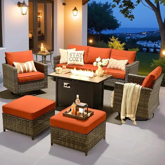ovios 7 Pieces Patio Furniture Set with 42" Fire Pit Table, Outdoor Wicker Sofa with Swivel Chairs, All Weather High Back Rattan Couch Conversation Set, Orange Red by GreenHaven Gardens