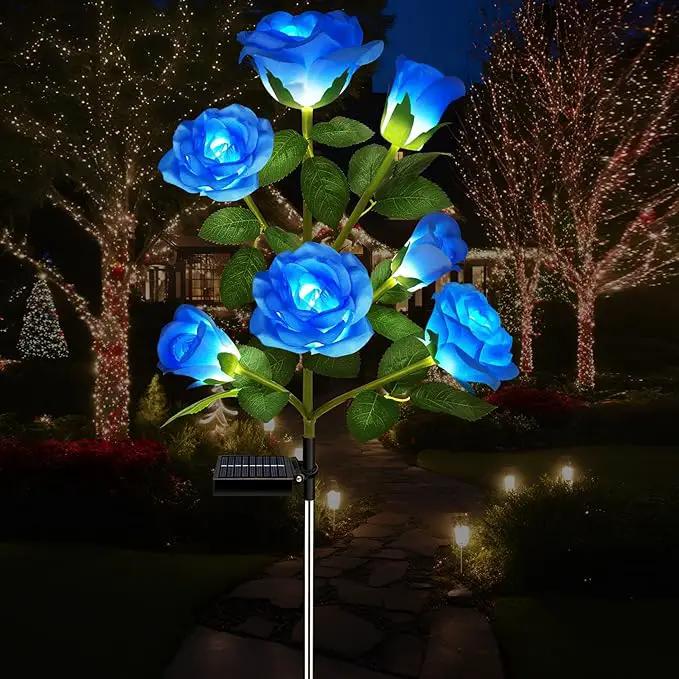 1 Pack Solar Garden Lights Outdoor, 7-Flower Rose Solar Lights for Yard, LED Solar Powered Stake Lights for Patio Pathway Lawn Fence Cemetery, Blue by GreenHaven Gardens