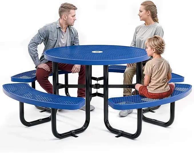Metal Picnic Tables for Outdoors with Umbrella Hole - Coated Steel Heavy Duty Commercial Grade Table with Adjustable Seats (Blue, 46 in, Round, Expanded Steel) by GreenHaven Gardens