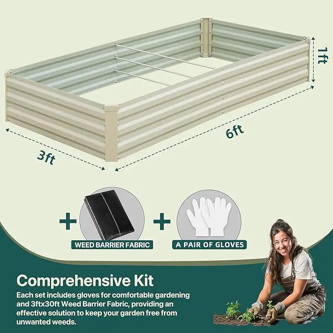 Raised Garden Bed Beige, 6x3x1ft Galvanized Raised Garden Bed Outdoor Metal for Gardening Vegetables Flower Garden Planter Box Large Raised Bed with Gloves and 3ftx30ft Weed Barrier Fabric by GreenHaven Gardens