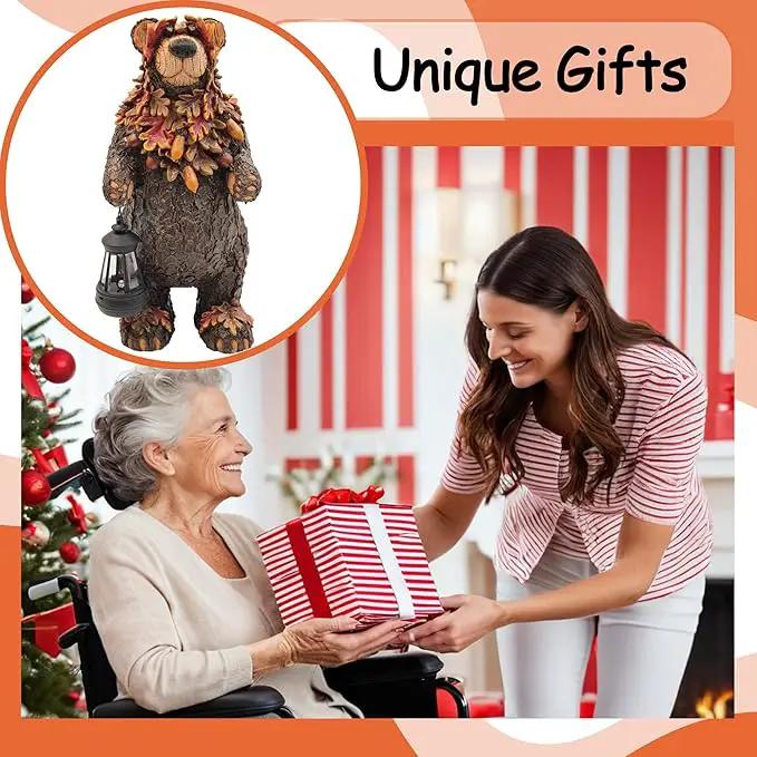 Solar Garden Statue Bear Figurine, Garden Art Outdoor Statues with Solar Lantern, Loving Bear for Patio, Balcony, Yard, Lawn, Unique Housewarming Gifts by GreenHaven Gardens