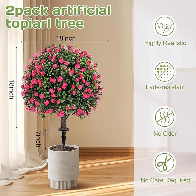 Artificial Pink camellia Topiary Ball Tree 25" with Ground Spike, Set of 2 Artificial Boxwood Bushes for Faux Shrubs, Fake Evergreen Faux Plant for Indoor Outdoor Garden -UV Resistant–Fade-Proof by GreenHaven Gardens